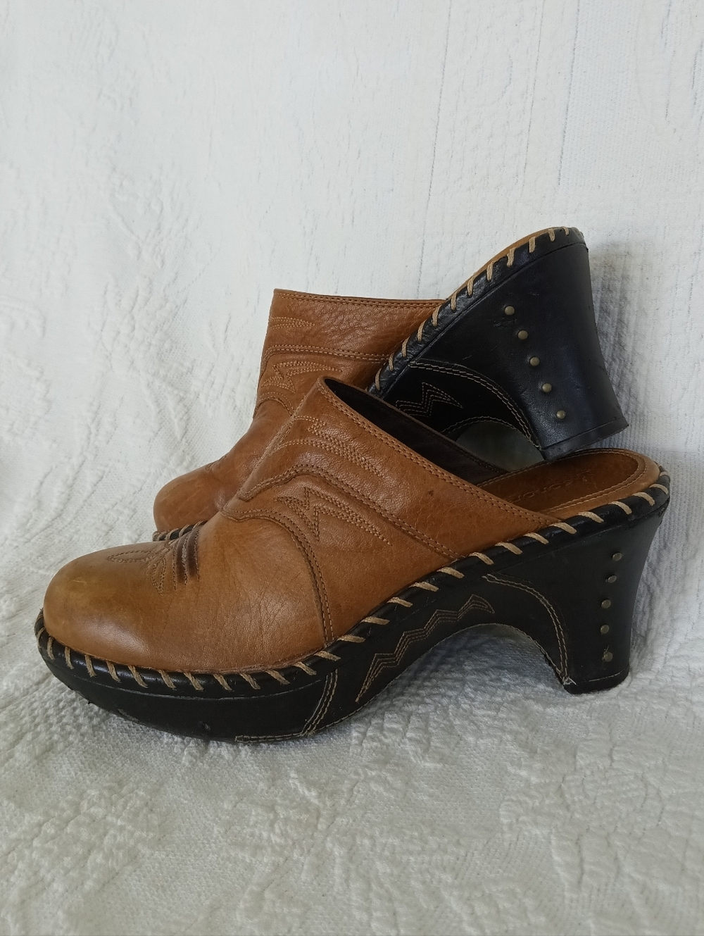 Sonora Tan Leather Slip On Clog Mule Western Cowgirl Chunky Heel Embroidery - Picture 3 of 16